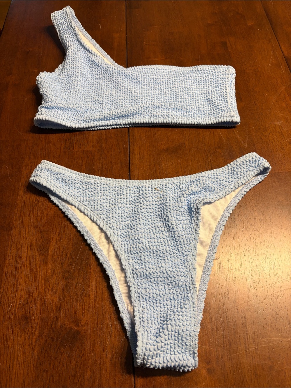 One-Shoulder Light Blue Textured Bikini Set